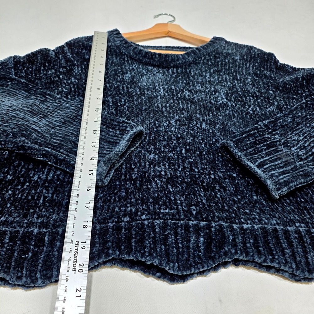 Zara Knit Sweater Womens S Navy Blue Chenille Cropped Scalloped Hem Cozy Plush - Picture 4 of 6